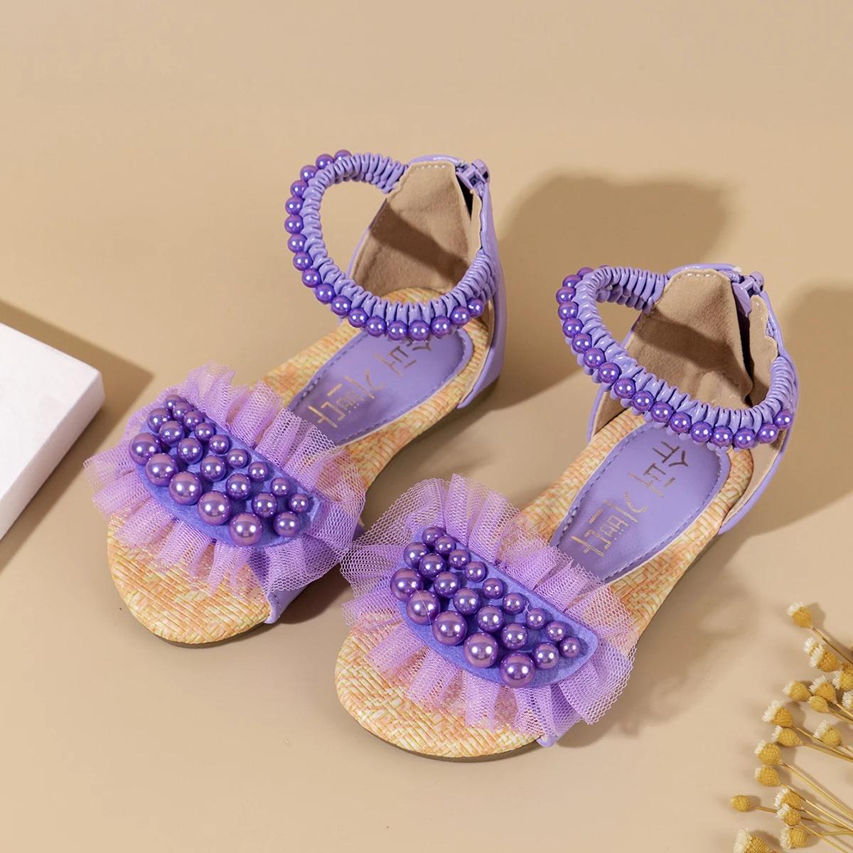 

Летние плоские туфли для девочек с сеткой и жемчугом, детские сандалии принцессы с задней молнией, пляжная обувь для девочек для отпуска, мягкая подошва, удобные 21 фиолетовый