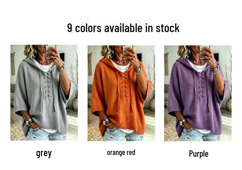2026 Autumn/Winter Women's European & American Lace-up Hooded Sweater: Casual Loose Fit, Lazy Style Knitwear with Drop Shoulders