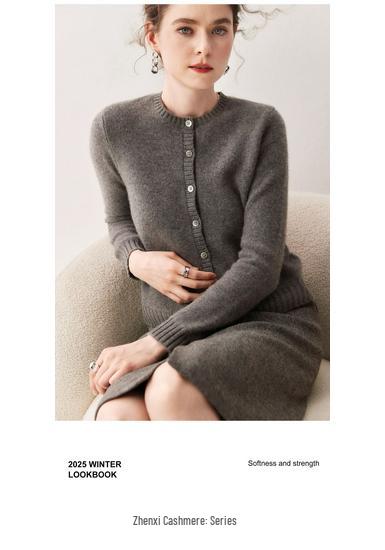 Women's Slim Fit Cashmere Knit Cardigan – Round Neck, Thickened, Versatile, Skin-Friendly Wool Coat for Autumn/Winter.