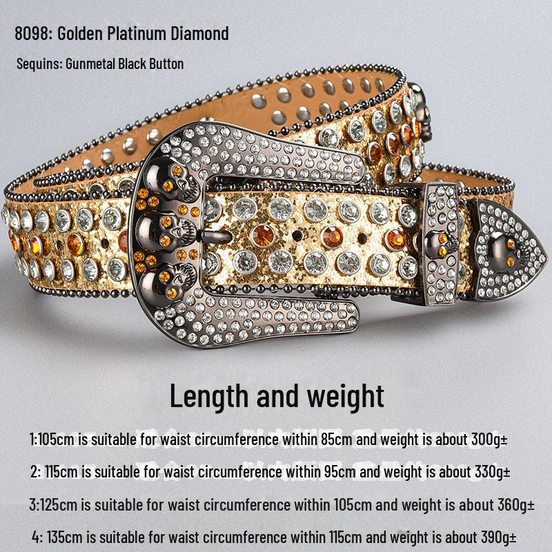Curea de lux cu cataramă cu strasuri și craniu închis la culoare, cu paiete și diamante