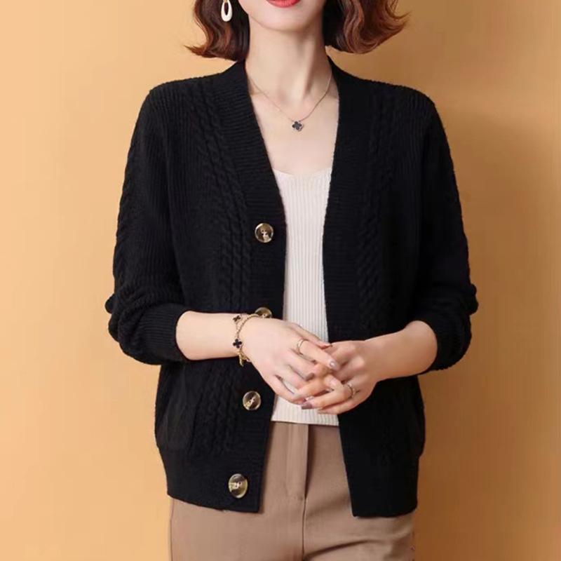 

Женский свитер-жакет топ свободный осенне-зимний с V-образным вырезом однобортный вязаный кардиган 3XL чёрный