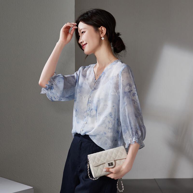 SOFSIL 2026 Summer Literary Print V-Neck Silk Blouse XL