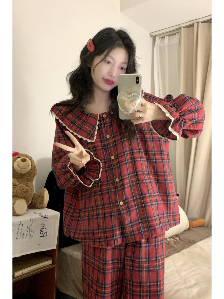 

Women s Red Plaid Homewear Set with Lace Trim - Long Sleeve and Long Pants One Size