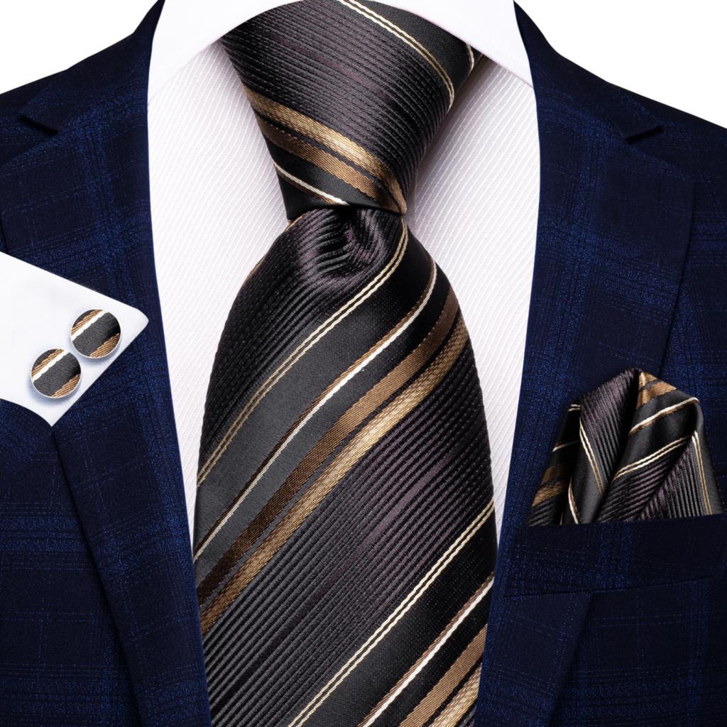 Hi-Tie Navy Blue Striped Silk Wedding Tie For Men Fashion Design Gift Men Necktie Hanky Cufflink Set Business Party Dropshiping
