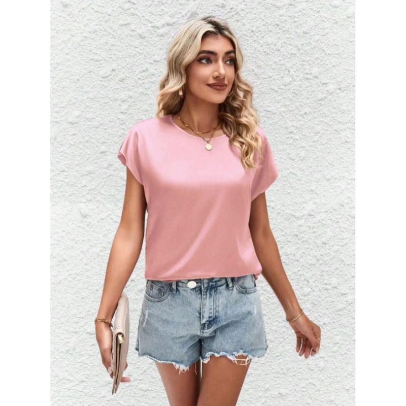 Summer Women's Round Neck Solid Color Casual Top with Batwing Sleeves and Satin Imitation Silk Short Sleeved Blouses & Shirts