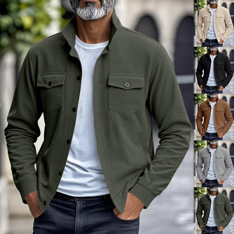 Men's Spring Autumn New Style American Workwear Solid Color Minimalist Casual Versatile Loose Collared Corduroy Jacket Coat