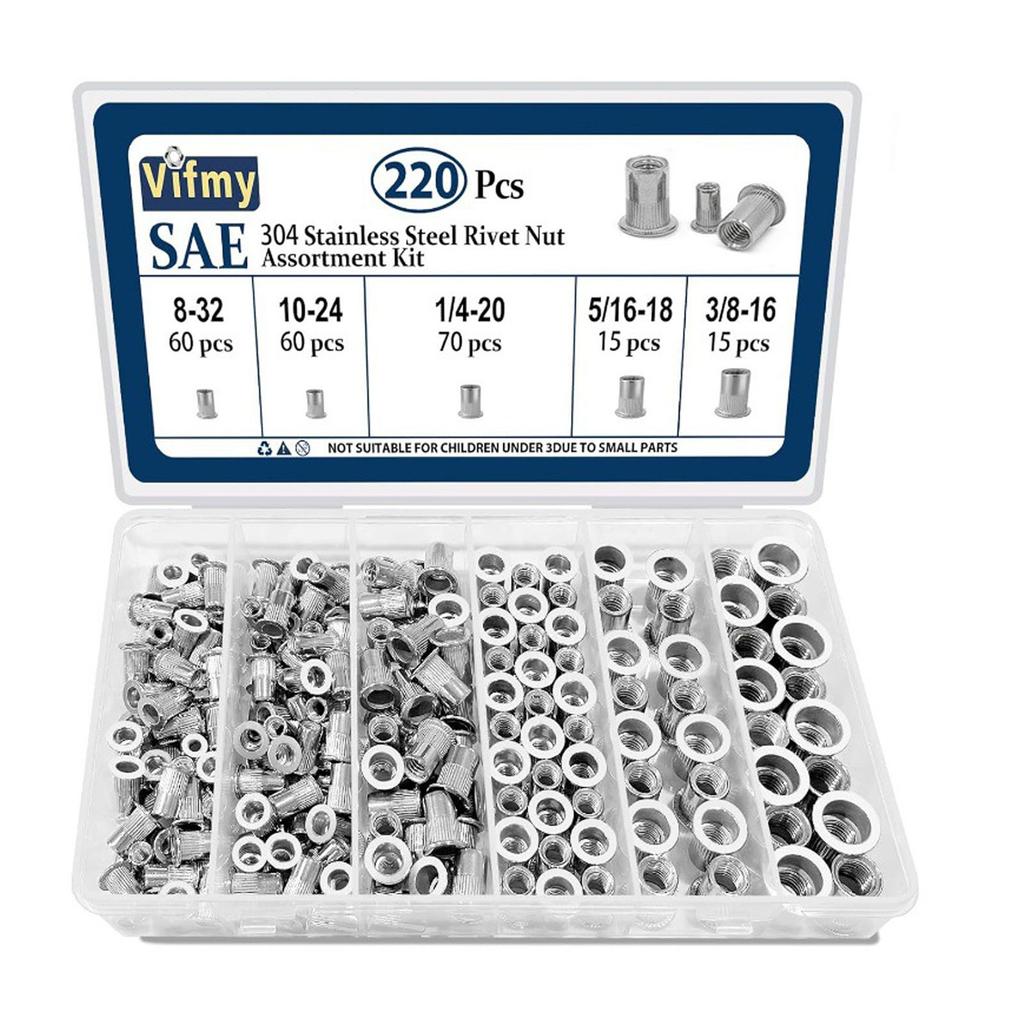 Assortment Kit(220 Pcs),#8-32#10-24 1/4"-20 5/16"-18 3/8"-16 304 Stainless Steel Flat Head Rivnut Set,Rivnut Threaded Insert Nut