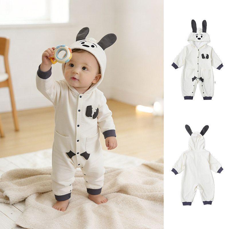

Spring and Autumn Hip-Hop Style Dog-Themed One-Piece Romper for Boys and Girls, Double-Pocket Hooded Cartoon Infant Super Cute Double-Layered Jumpsuit Picture Color 66 cm