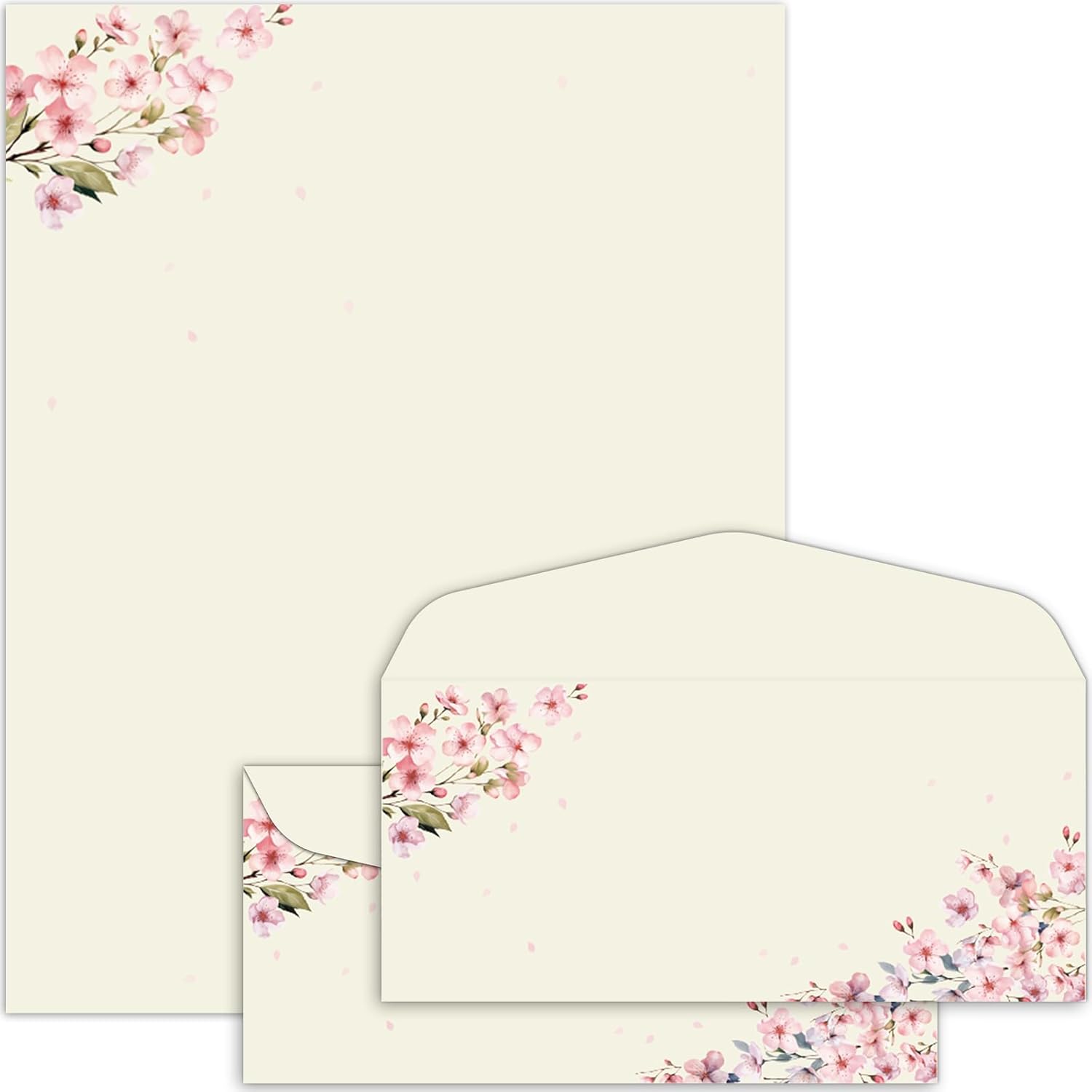 50Pcs Cherry Blossoms Letterhead with Envelopes Floral Cherry Blossoms Computer Paper Pink Floral Stationery Paper for Note Letters to Wedding