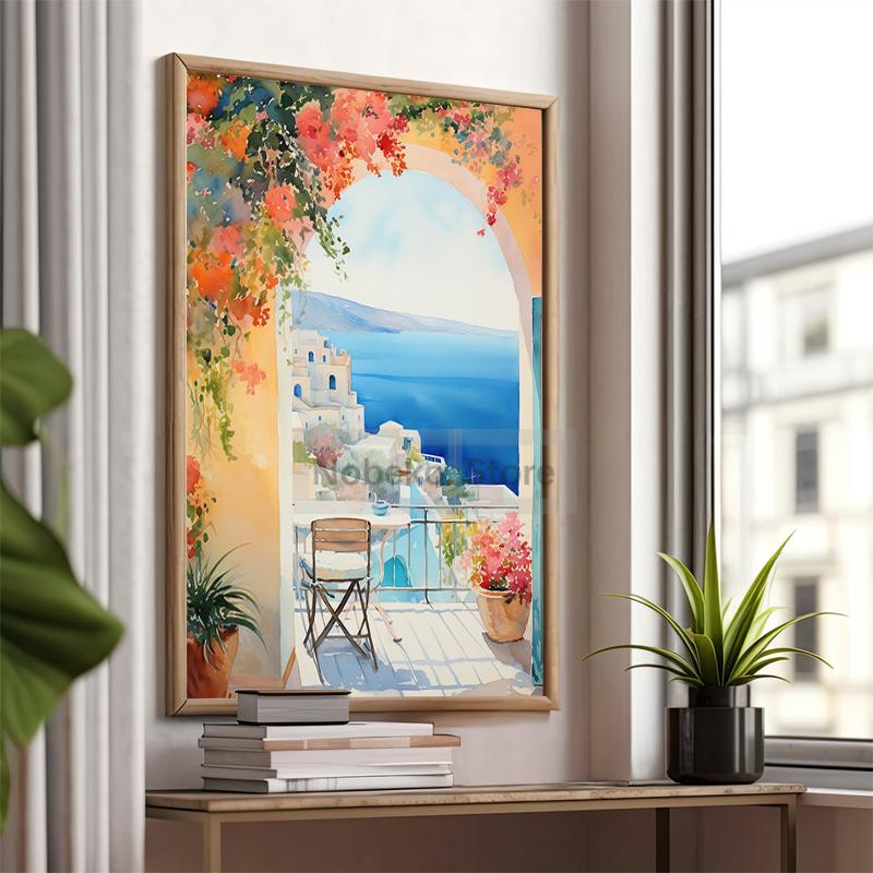 Watercolor Style Mediterranean Coast Sea Poster Seaside Landscape Prints Canvas Painting Wall Art Pictures Home Room Beach Decor