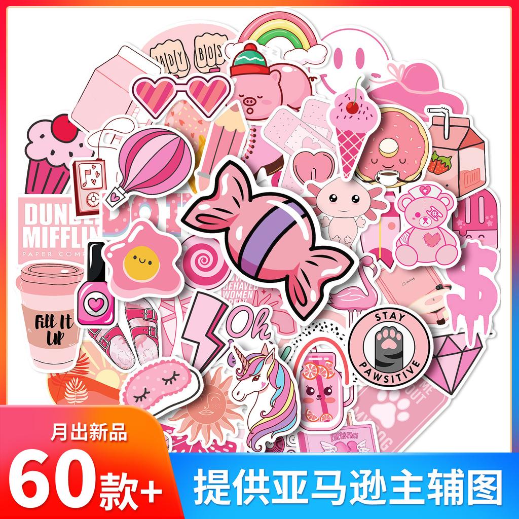 50 Vsco Pink Mix And Match Stickers, Cartoon Cute Girl Little Fresh Girl Graffiti Stickers