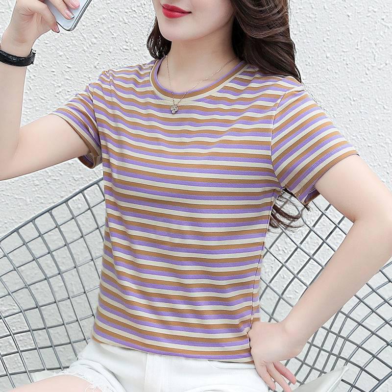 Dam T-shirt med ränder i större storlek för sommaren - Snygg, Föryngrande, Rymlig passform, Kortärmad vardagstopp
