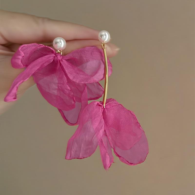 Pink Flower Mesh Earrings Personalized Internet celebrity Same Earrings Small Fresh Holiday Wind Sweet Earrings