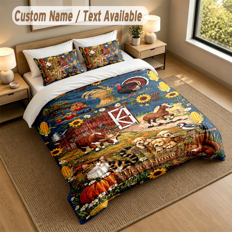 Autumn Harvest Theme Personalized 3Pcs Bedding Set Custom Text & Name 1 Sheet 2 Pillowcases Household Bedding 1pc
