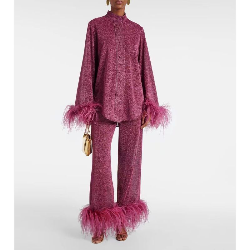 

Niche Design Long sleeve Feather Stand Collar Top Fashion Casual Trousers Set Feather Pants Set Burgundy S
