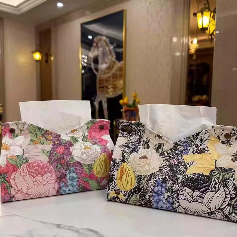1pc Tissue Box for Home Living Room Tissue Holder Vintage PU Leather Light Luxury Oil Painting Paper Towel Cover Napkin Dispenser