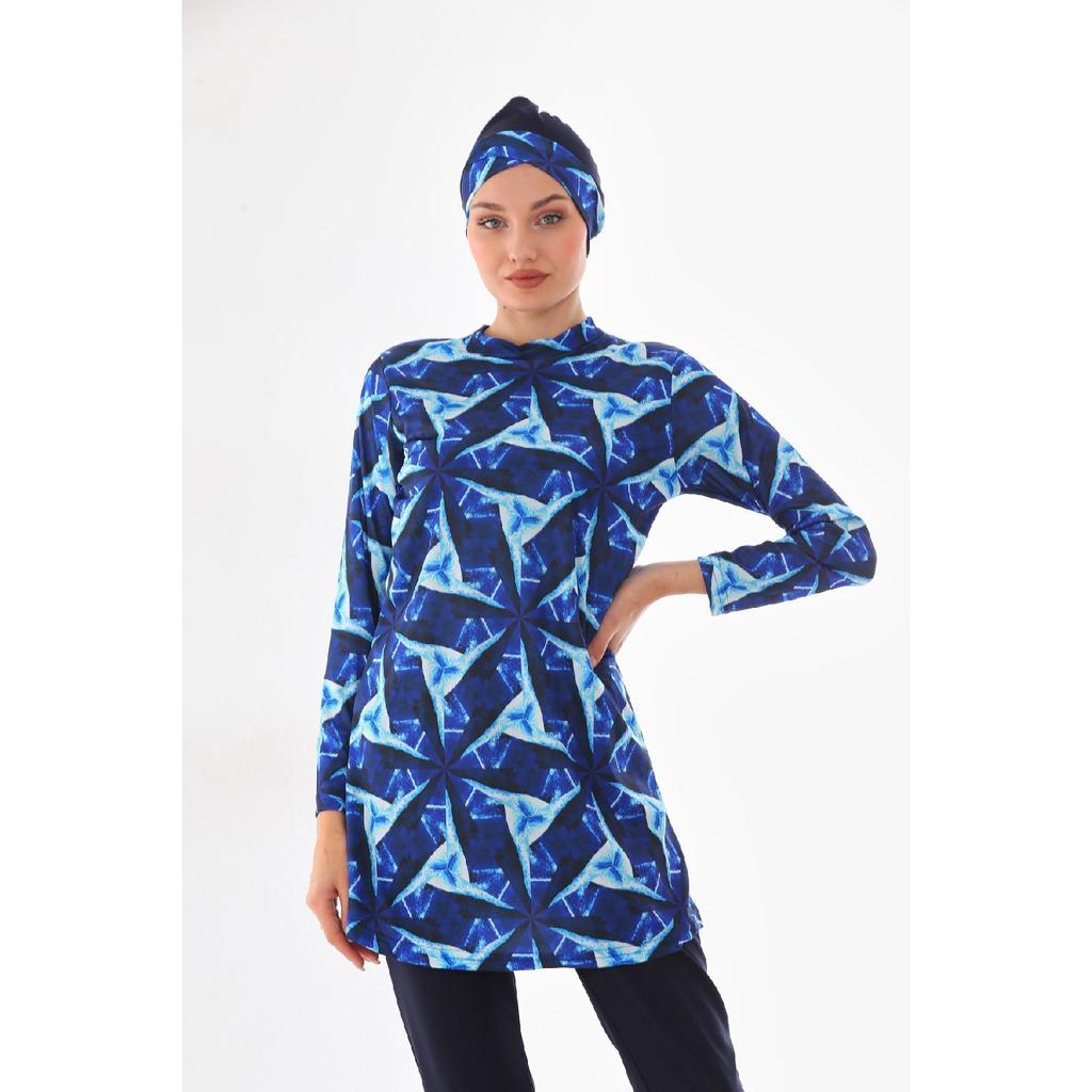 Vollständig bedeckter Lycra-Hijab-Badeanzug mit marineblauem Muster