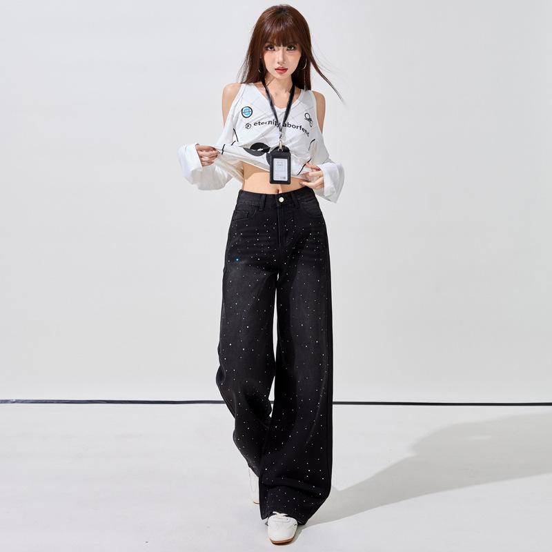 Spring new hot diamond blue-gray wide-leg jeans women's high-waisted straight drape floor pants blue-gray trousers