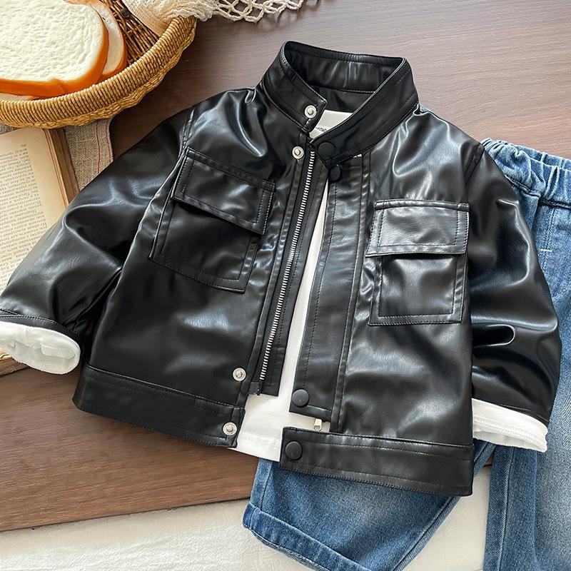 Boys Thin Faux Leather Jacket Spring Autumn Cool Kids Coat Baby Fashion Outerwear 80