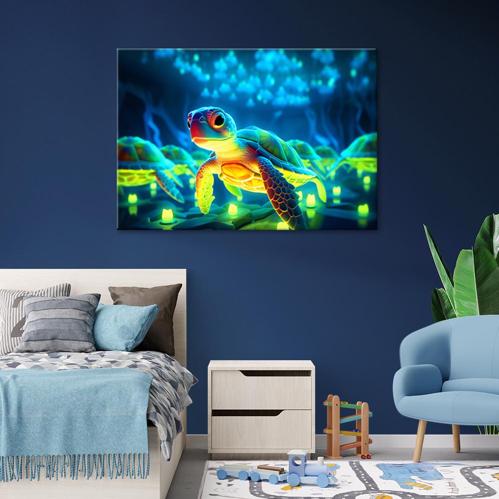 Canvas Print, Turtle Underwater Neon
