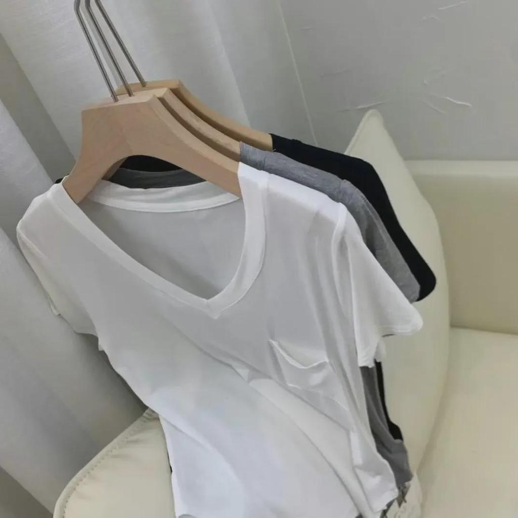 Drapey V-Neck Short Sleeve Women's T-Shirt - 2024 Summer Korean Style Trend