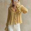 Elegant Women Ruffled V Neck Long Bell Sleeve Blouse Lightweight Pleated Loose Fit Office Casual Shirts
