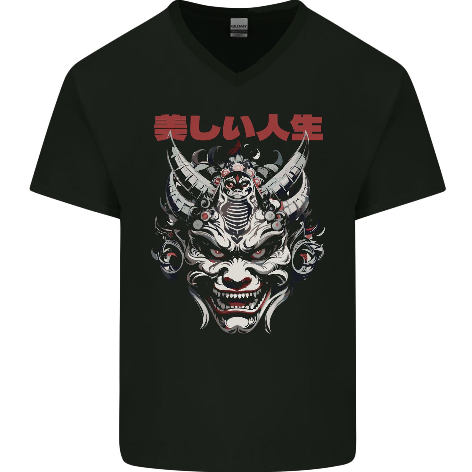 Japanese Oni Mask Mens V-Neck Cotton T-Shirt S