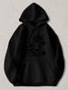Black Pullover Hoodie with Tropical Beach Print Featuring Palm Trees, Lounge Chair and Umbrella Silhouette, Casual Long Sleeve Swe
