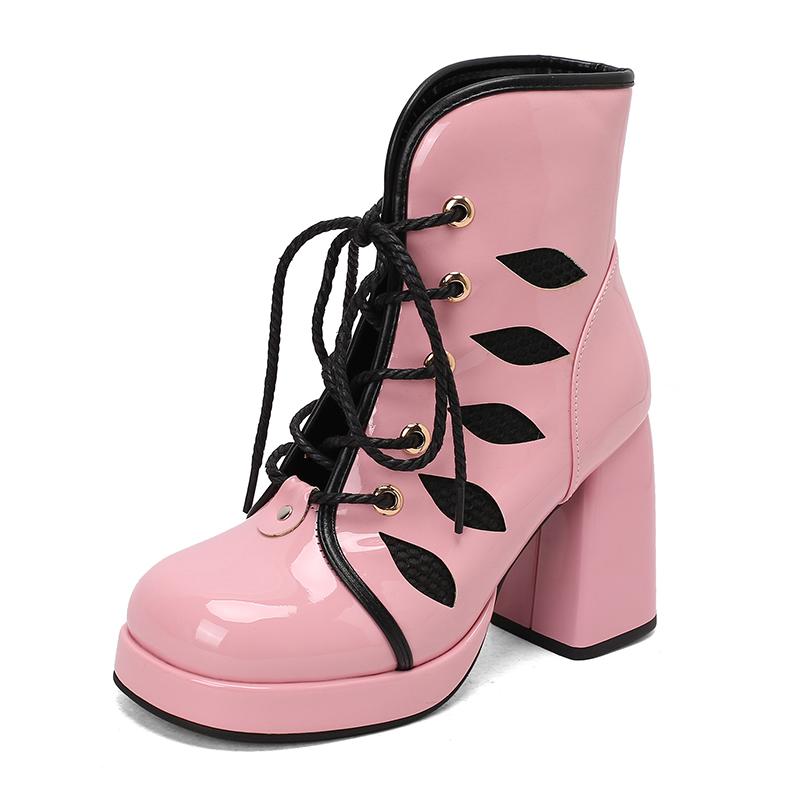 Glänzendes Lackleder Splicing Mesh Runde Zehenpartie Plateau Super Dicker Absatz Bonbonfarbene Kurze Stiefel Atmungsaktives Innenmaterial Schnürstiefel