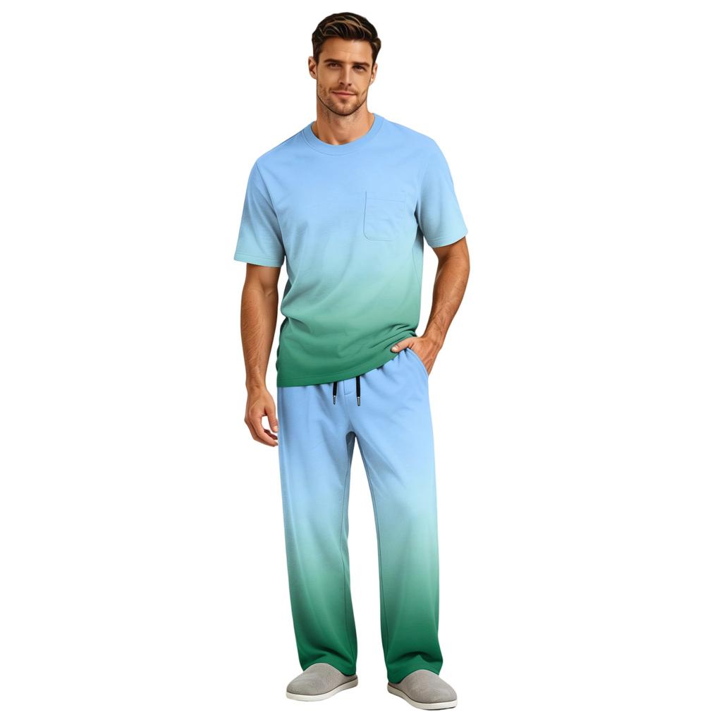 Men's Short Sleeve Pajama Set with Button Fly and Elastic Drawstring Waist