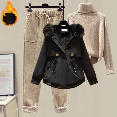 Damen Winteranzug Parkerjacke Wollige Freizeithose + Rollkragenpullover Mode Dreiteiler Damen