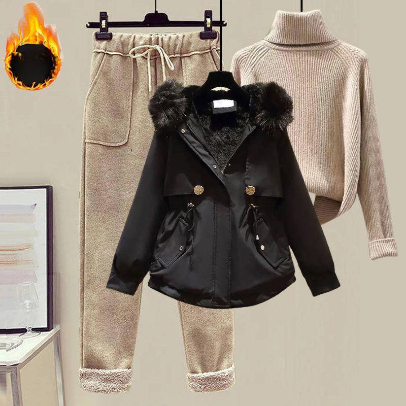 Women's Winter Suit Parker Jacket   Woolen Casual Pants + Turtleneck Sweater Fashion Three-piece Suit Women