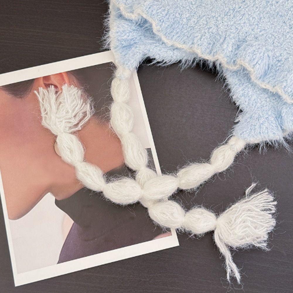Fuzzy Texture Earflap Beanie Hat Braided Tassels Plush Winter Hat Bunny Ear Hat Autumn Wear