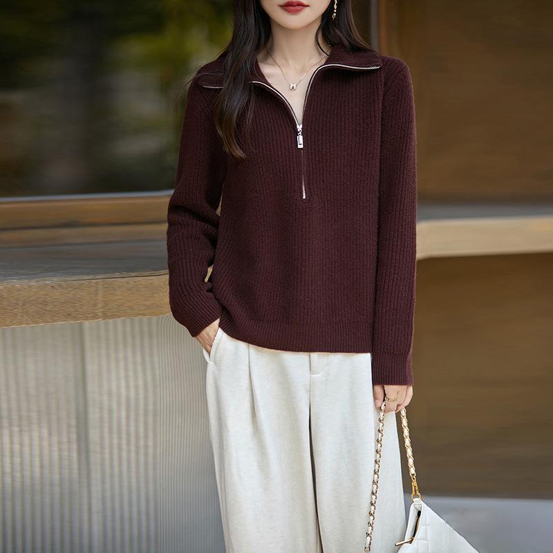 Women's Half-Zip Pure Wool Sweater - Stylish Loose-Fit Autumn Knit Top