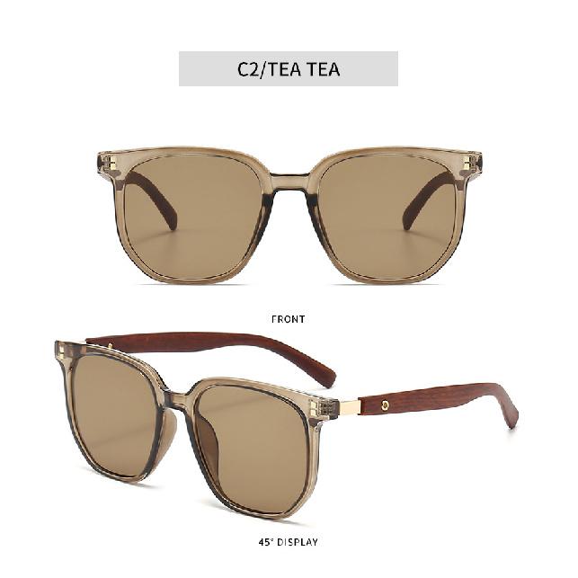 Tea-colored sunglasses for women, retro-style with faux wood grain frames, suitable for round faces, TR material, sun protection