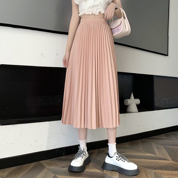 Skirts for Women Fashion Elegant Elastic High Waist Basic Pleated Skirt Solid Casual A Line Summer Midi Skirt