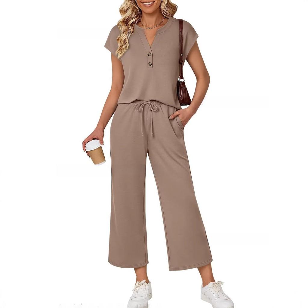 Ensemble Deux Pièces Uni à Manches Courtes pour Femmes en Tissu Polyester Décontracté Printemps Été
