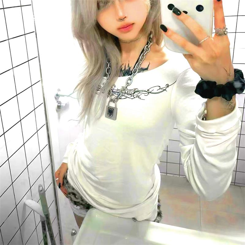 VAYLA Y2k Gothic Print T-shirt Trashy 2000s Style Long Sleeve Tops Vintage Harajuku Streetwear American Retro T-shirts