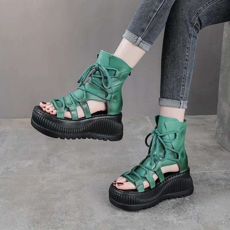 Fashion 8CM Ethnic Cow Genuine Leather Ankle Booties Women Hollow Peep Toe Platform Wedge Breathable Zip Summer Fashion Ladies Shoes