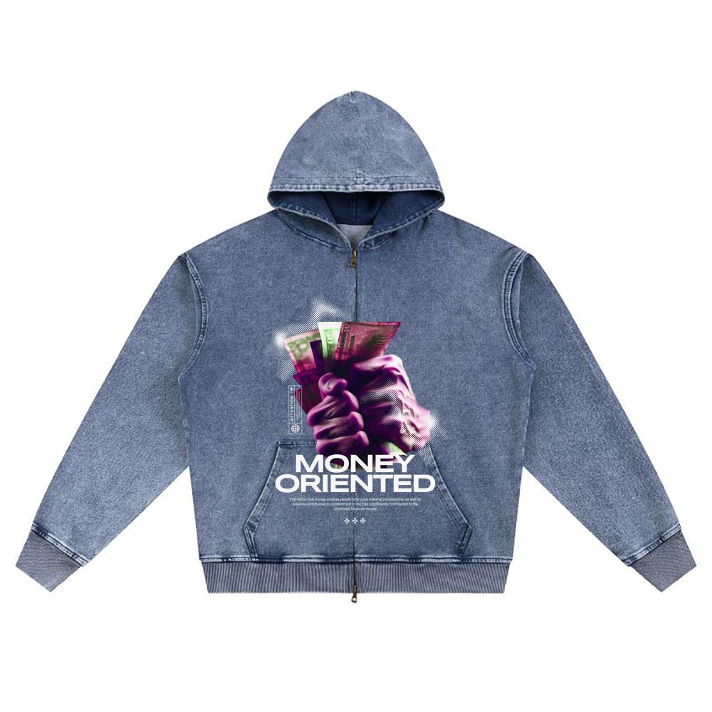 DTG print Knitted Denim Zip-Up Hoodie Money Oriented Brother Print Zipper Hoodies  