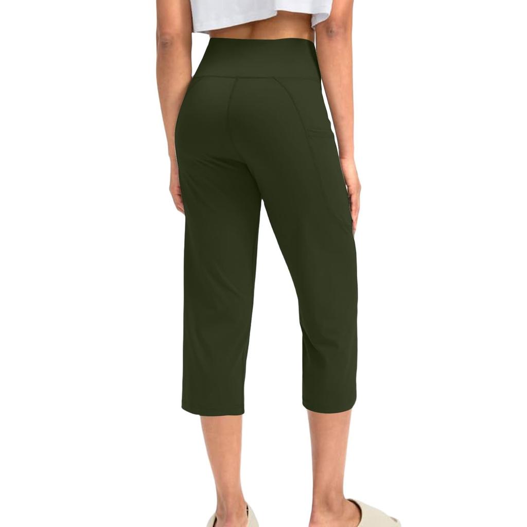 Kvinner Elastisk Høy Midje 3/4 Bukse Casual Aktiv Passform Vide Capri Leggings Bukser Bukser Med Lommer