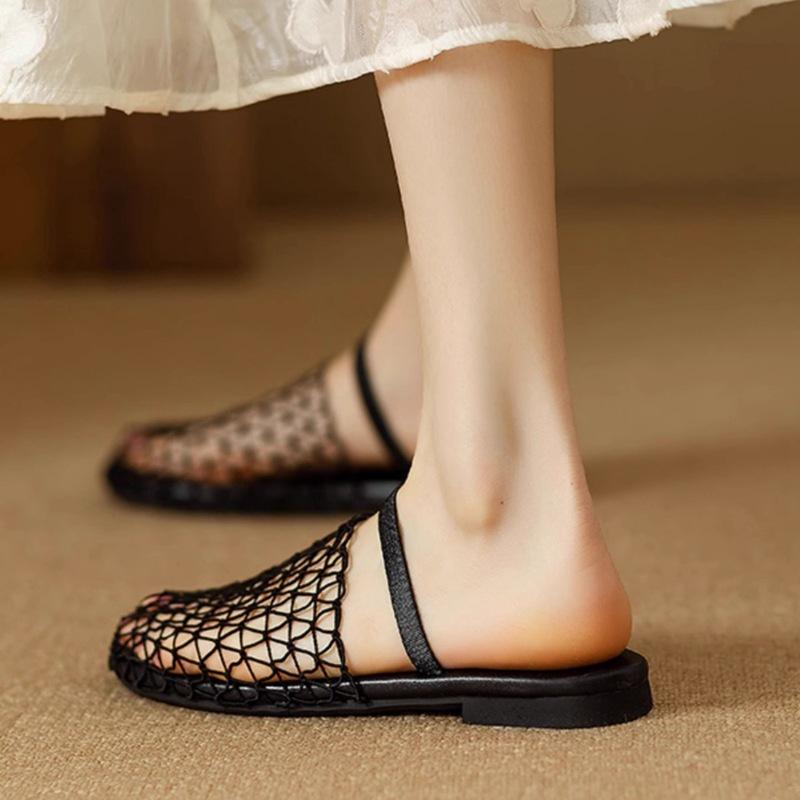 Niche Design Hollow Woven Fishing Net Surface Flat Bottom One Word Sandals Women Wear Sandals Wear Half Slippers Women