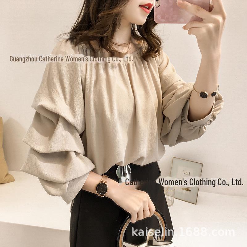 

Шифоновая рубашка на одно плечо в корейском стиле 2023 года: Элегантный весенне-осенний топ-пузырь, однотонный, облегающий крой M абрикосовый