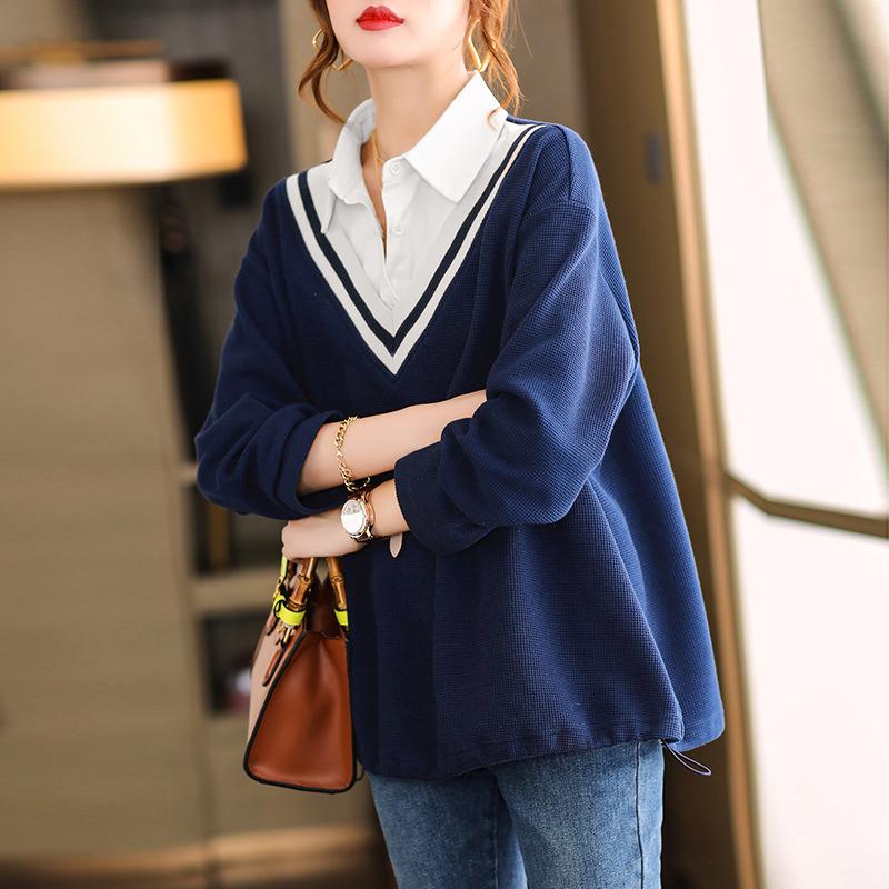 

ZANZEA Женские повседневные топы-пуловеры с длинным рукавом в стиле пэчворк S темно-синий