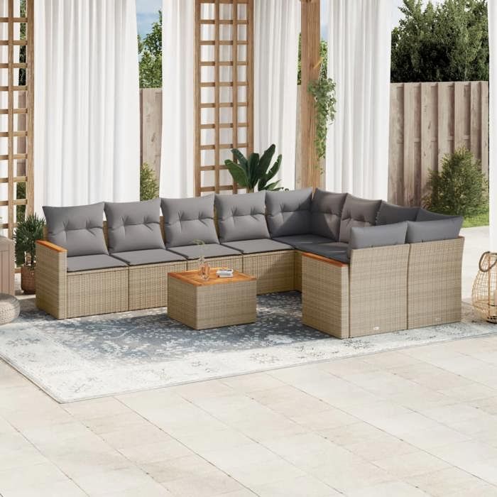 VidaXL Salon de Jardin avec Coussins 10 pcs, Canapés de Terrasse, Ensemble de Meubles de Patio, Mobilier d'Extérieur, Beige 3258713