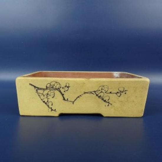 

Использованный маленький горшок для бонсай | Прямоугольный 16 см | Дизайн с резьбой по гвоздям, с цветами и буквами | Глазурованная керамика | Без подписи | Фактический товар бледно-коричневый