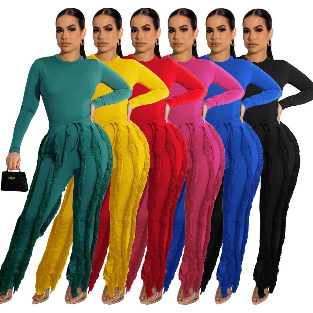 European and American Women's Tassel Lace Jumpsuit Set - Solid Color Sportswear, Autumn/Winter