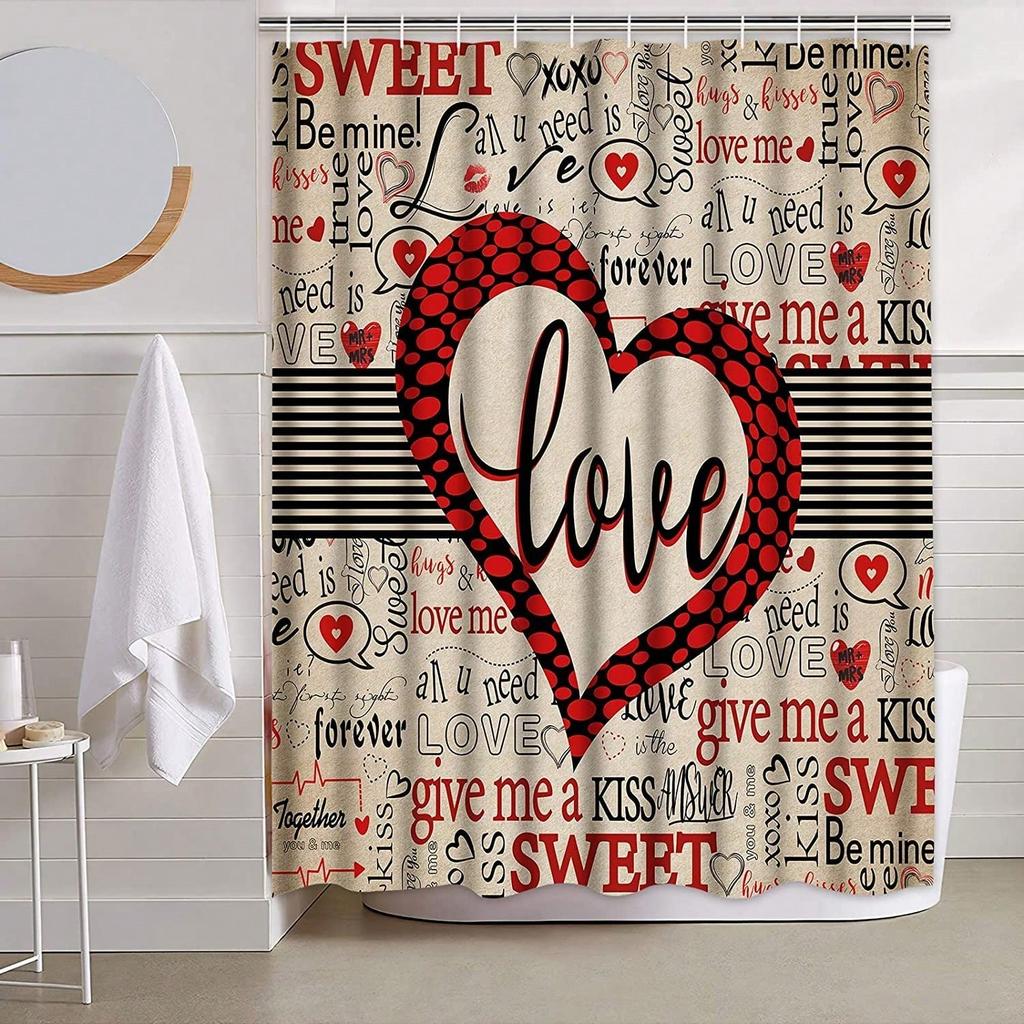 1 Pezzo Tenda da Doccia per San Valentino, Tenda da Doccia Romantica con Cuori Rossi per Bagno