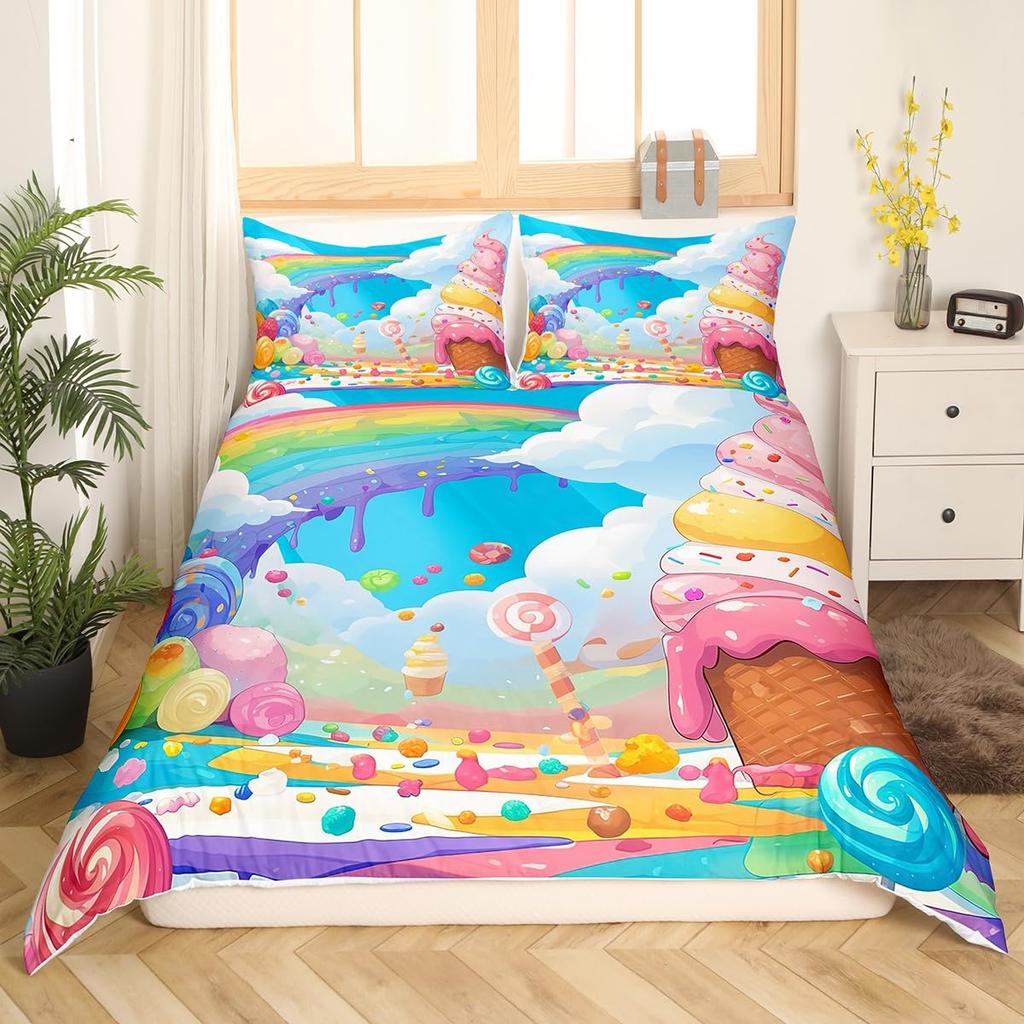 Rainbow Lollipop Duvet Cover for Kids Boys Girls Queen Lightweight Quilt Covers Sweet Themed Bedding Set Room Decor No Comforter