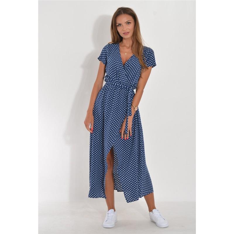 Holiday Polka Dot Print Strap Waist V-neck Mid-length Short-sleeved Dress